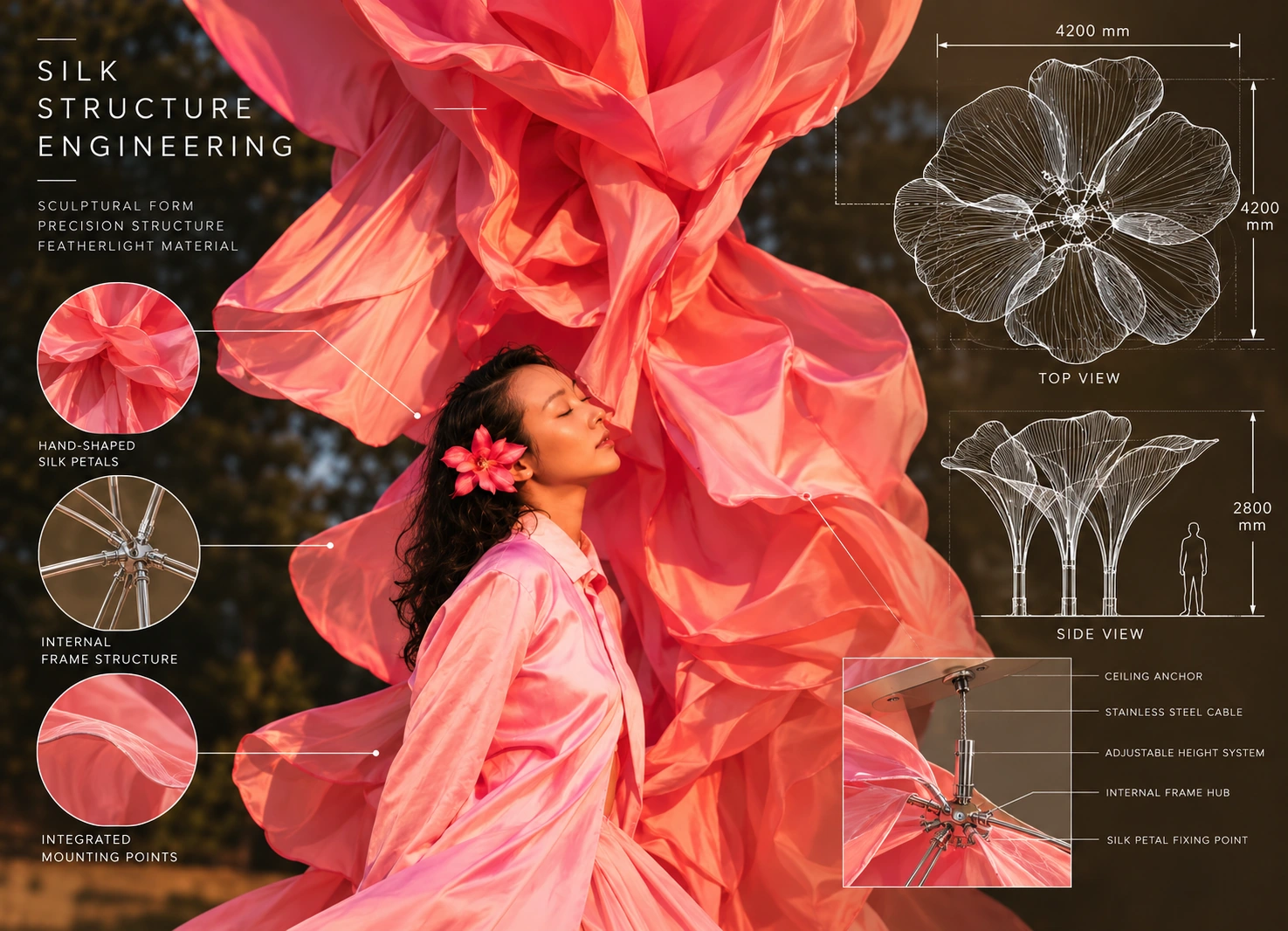 Sculptural pink silk artwork overlaid with bright engineering drawings, dimensions and fabrication details