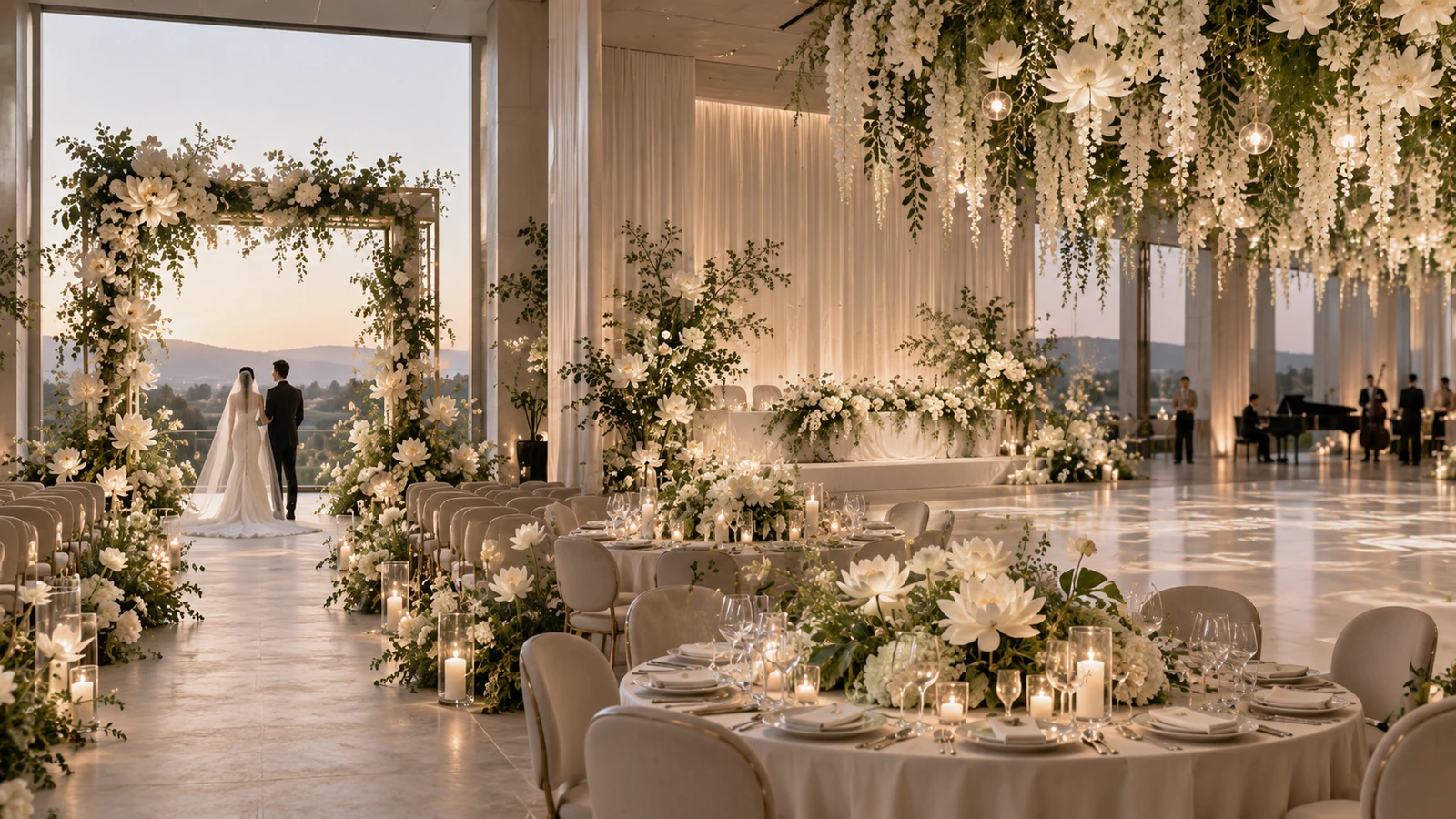 Silk floral wedding decor across a reception setting