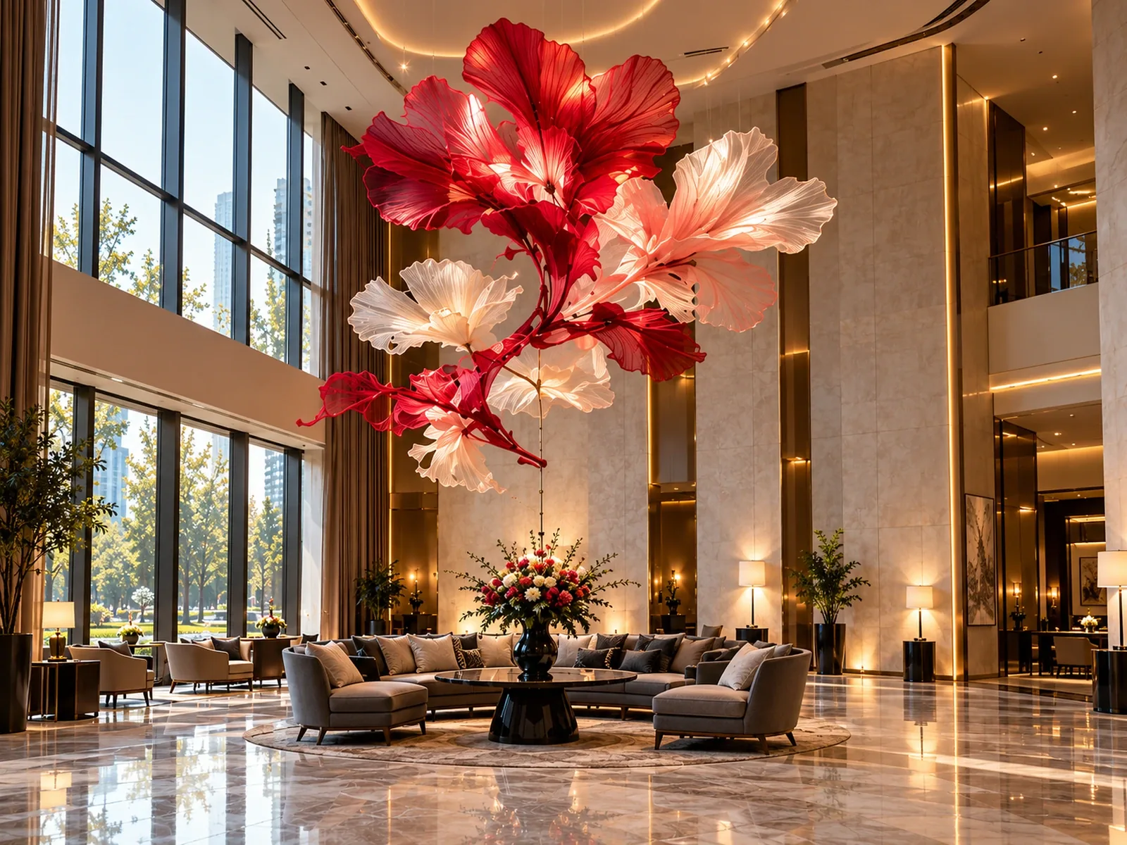 Red Floral Lobby Installation — concept visualisation for a hotel lobby art installation