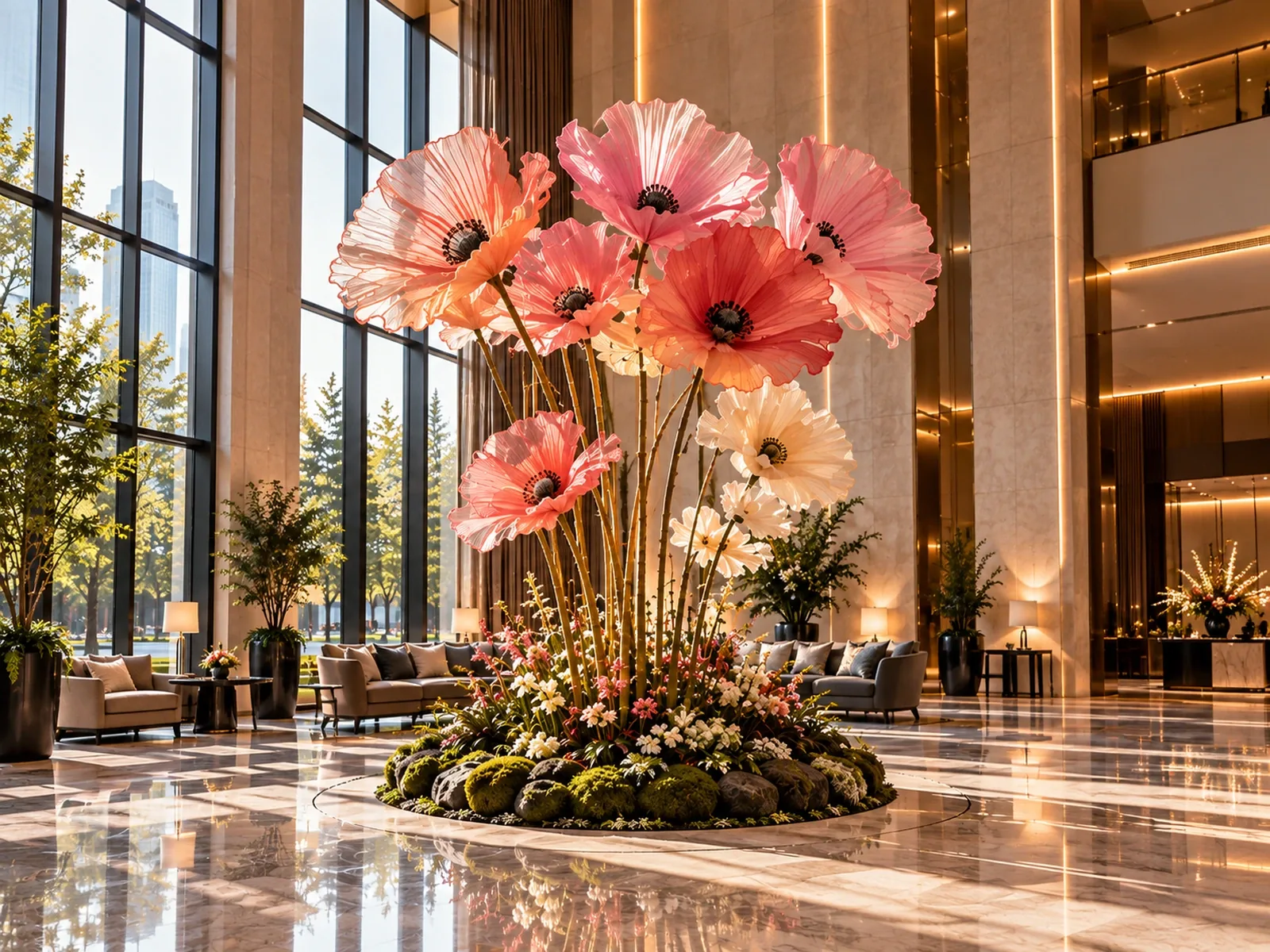 Botanical Lobby Sculpture — concept visualisation for a hotel lobby art installation