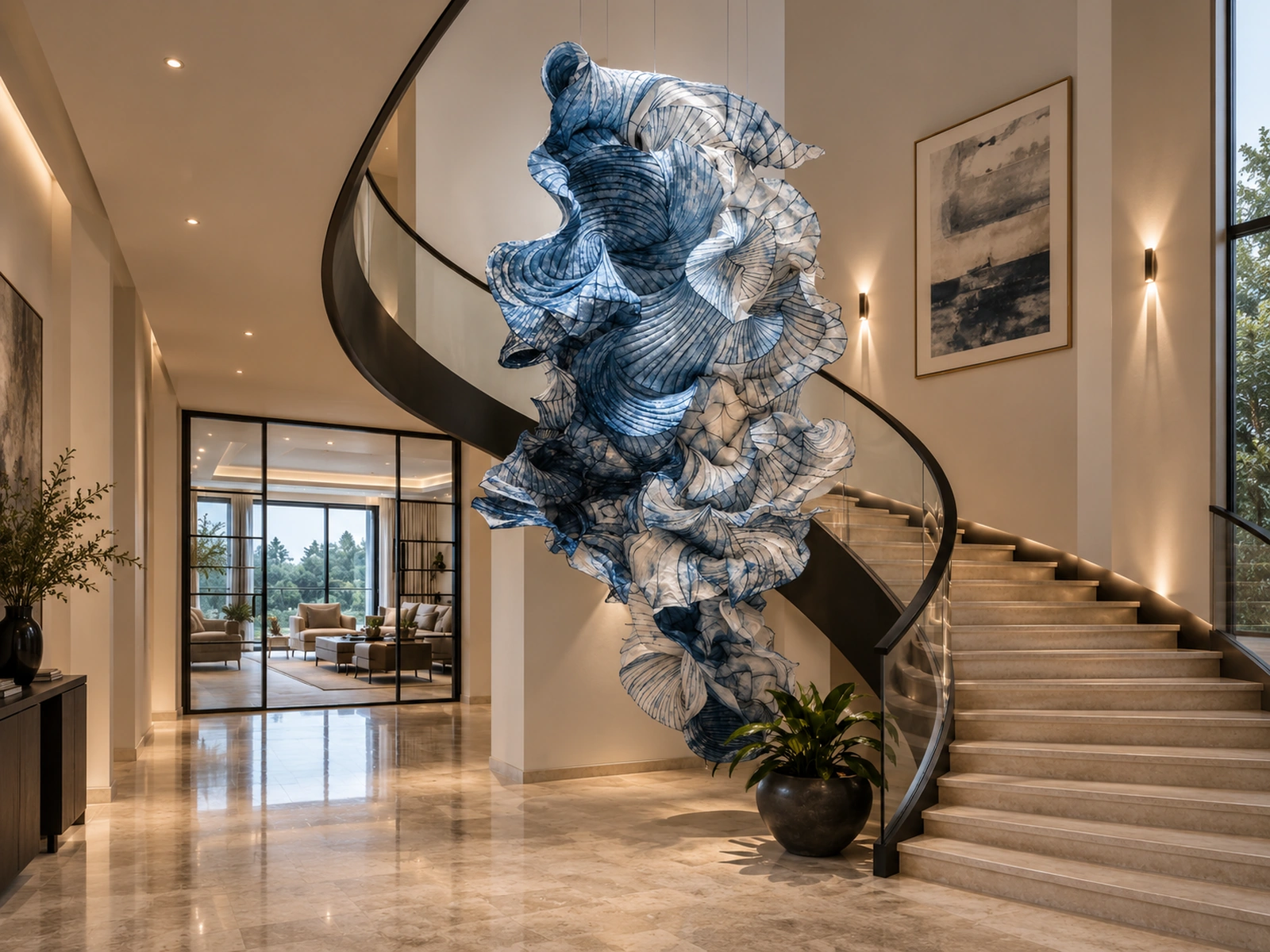 Blue Stairwell Sculpture — concept visualisation for a hanging art installation