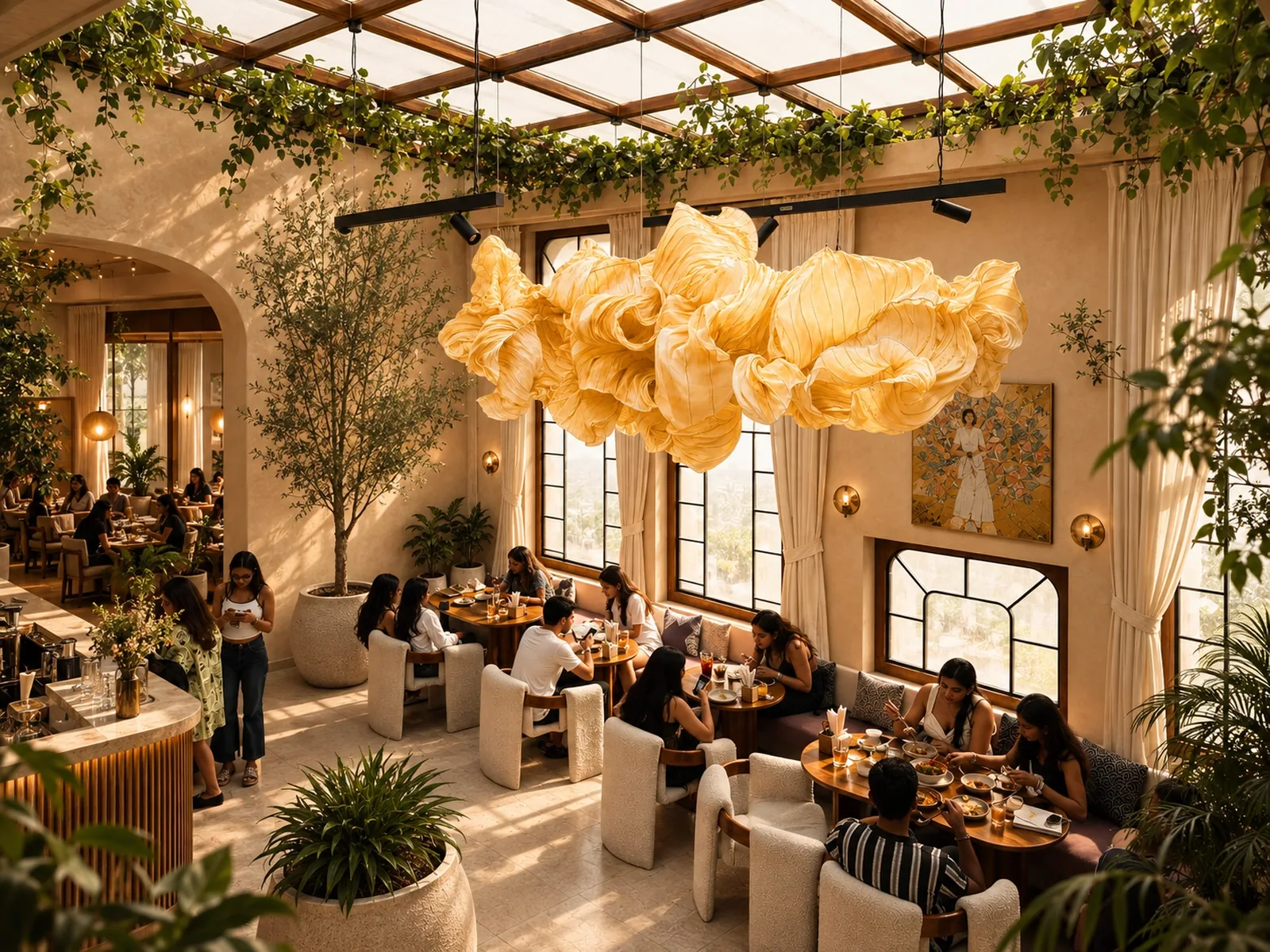 Golden Floral Canopy — concept visualisation for a hanging art installation