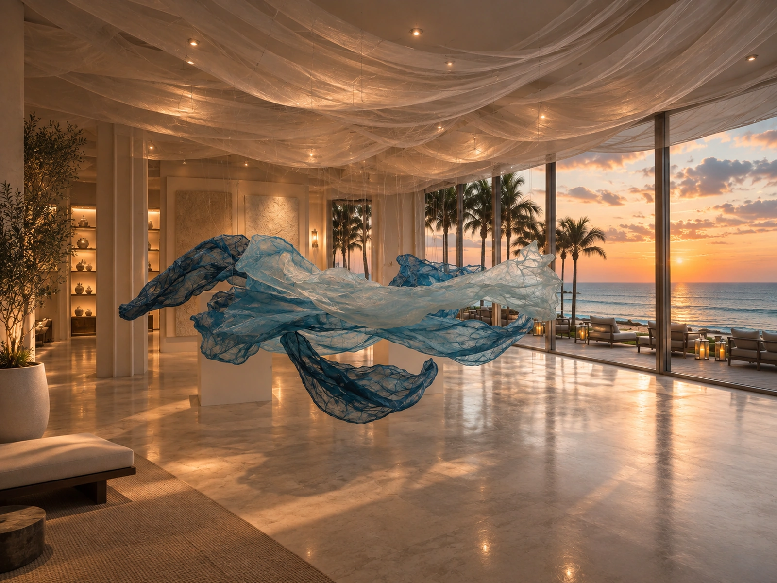 Flowing Blue Ceiling Installation — concept visualisation for a hanging art installation