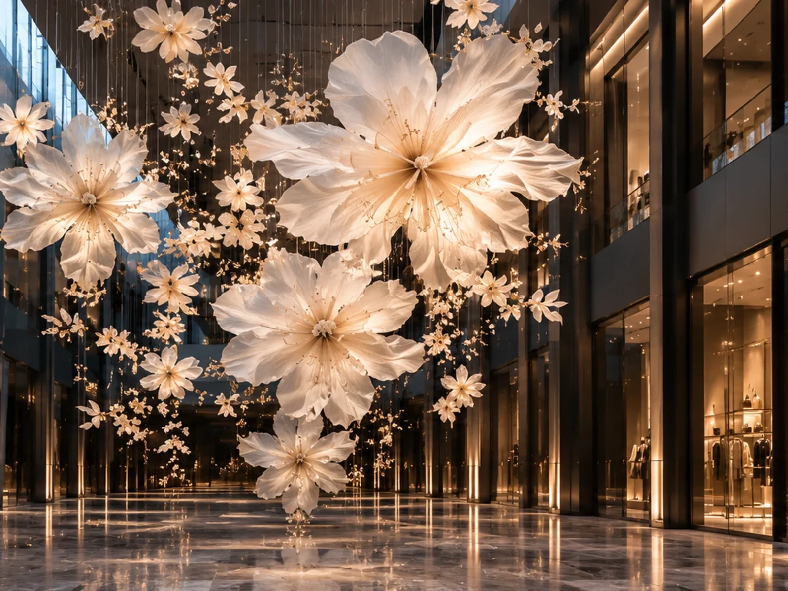 Suspended Floral Forms — concept visualisation for a shopping centre atrium