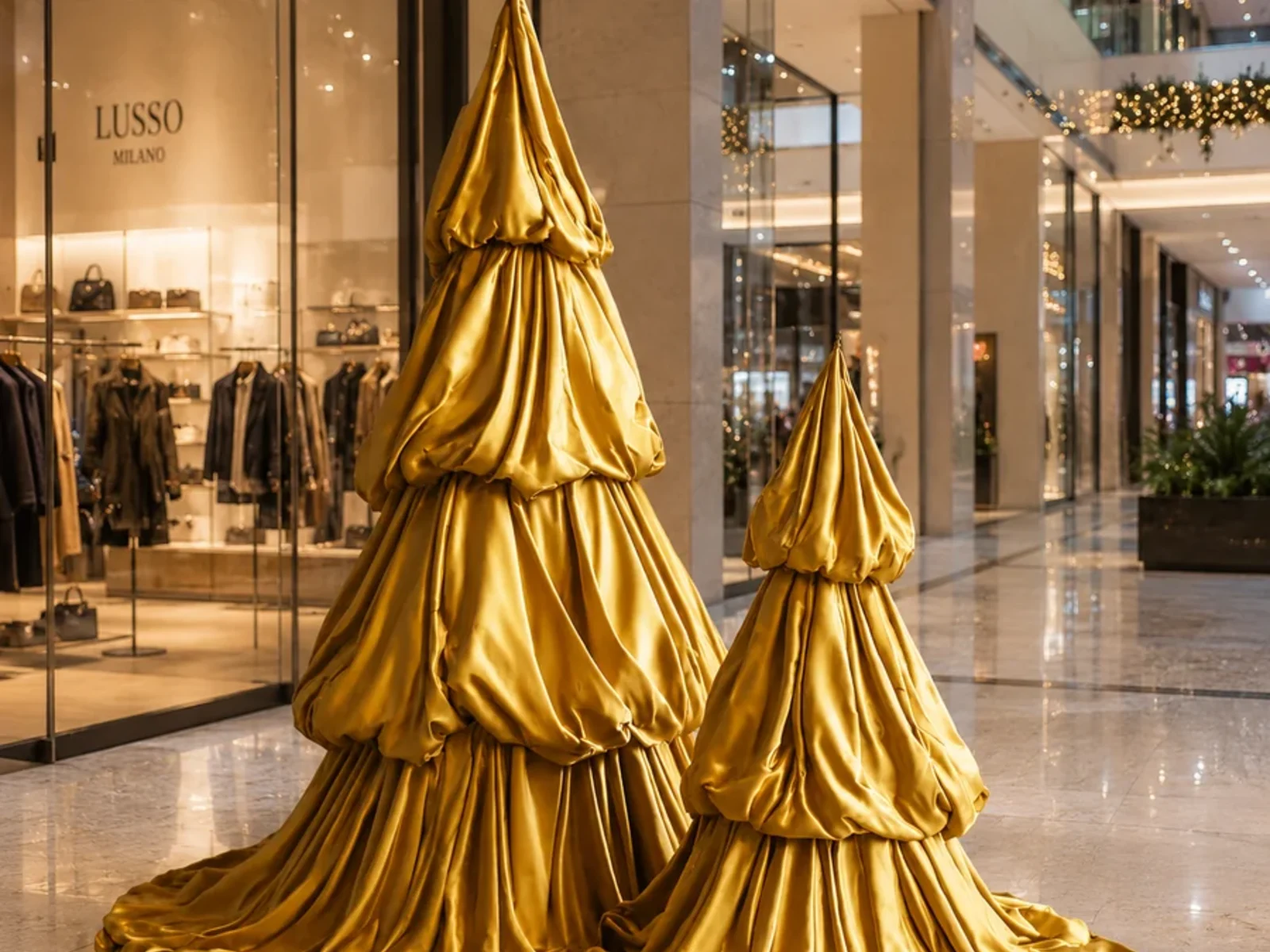 Golden Sculptural Christmas Trees — concept visualisation for a seasonal retail installation