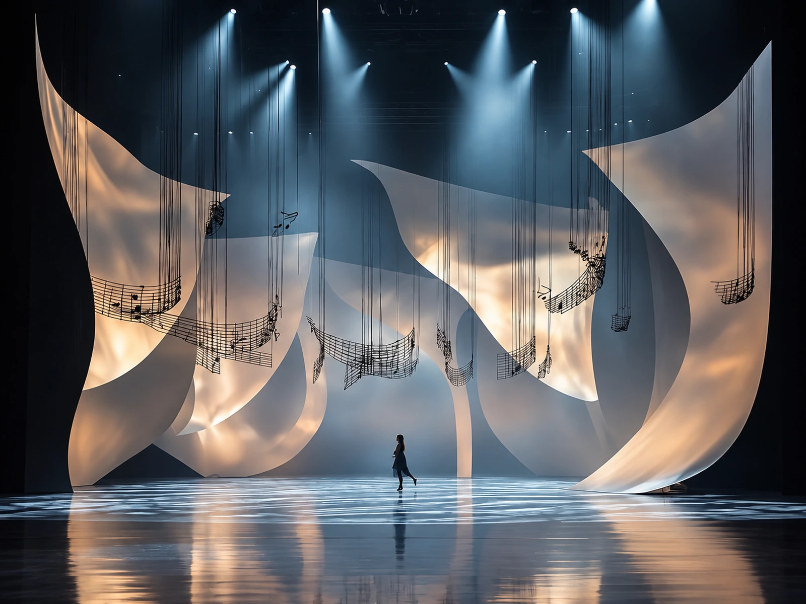 Suspended Textile Stage Environment — concept visualisation for scenic fabrication and custom stage props