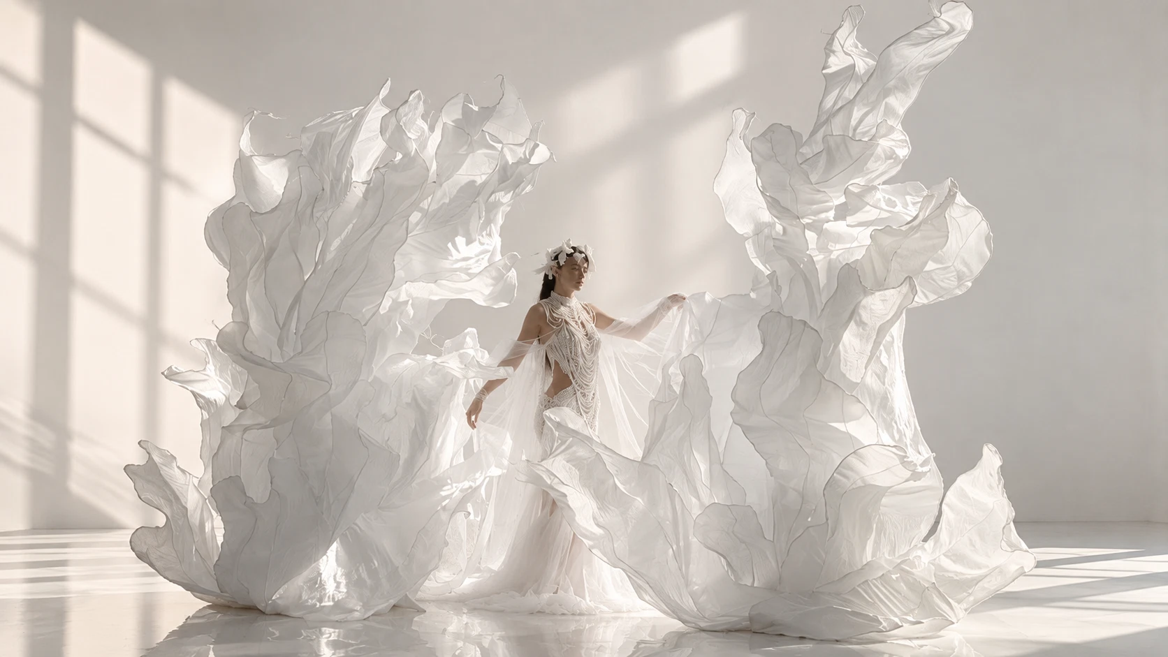 Silk in Motion flowing white installation within an architectural setting