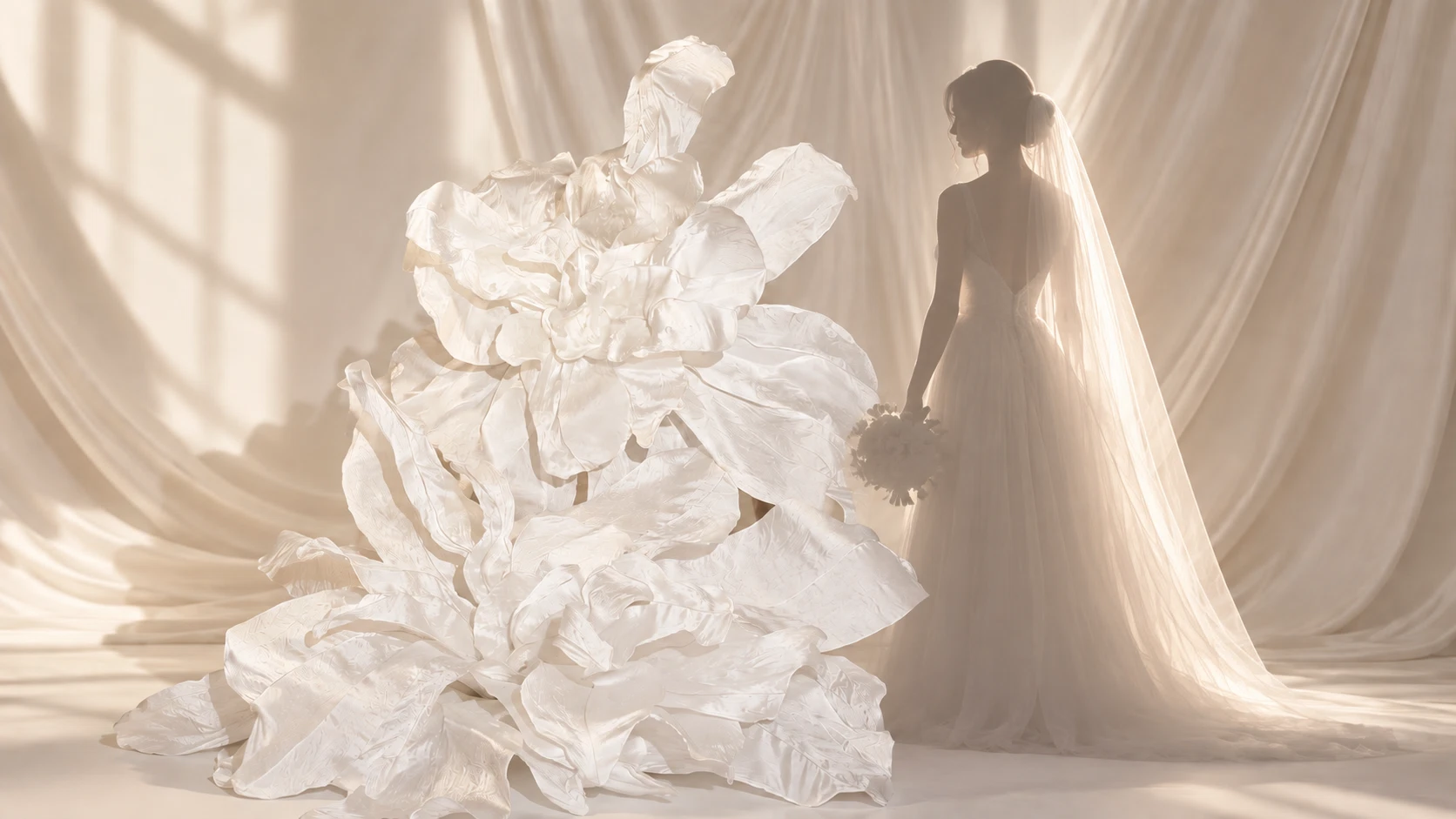 Silk Waterfall white sculptural installation shown beside a person